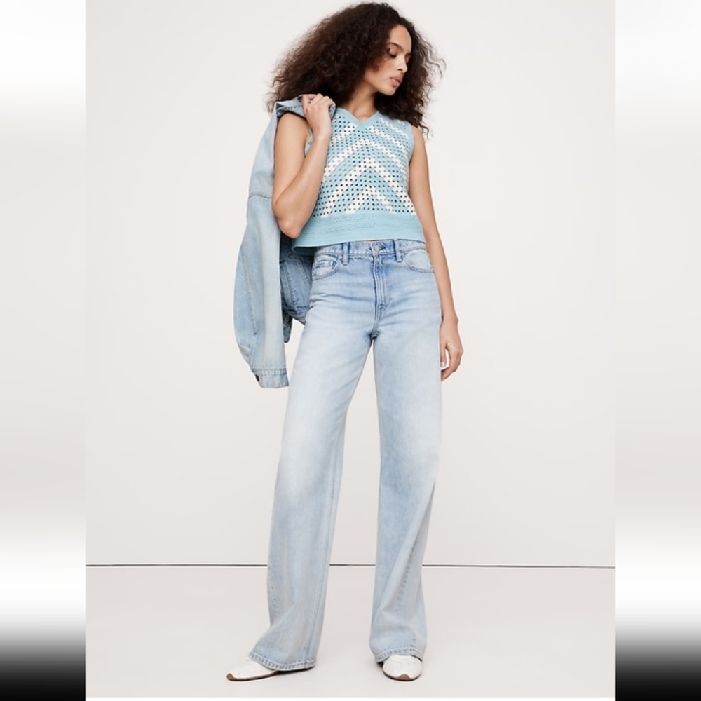NWT Banana Republic Embroidered Cotton Crochet Top Light Blue Stripe Sz Large